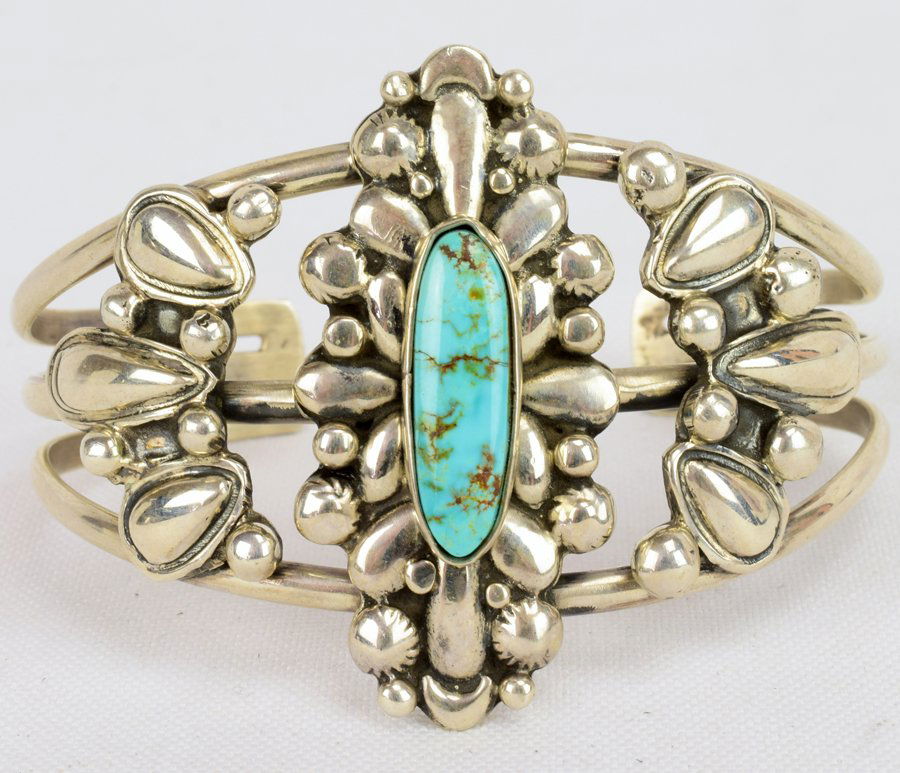 Leroy James Repousse Sterling Cuff w/Turquoise (1 of 5)