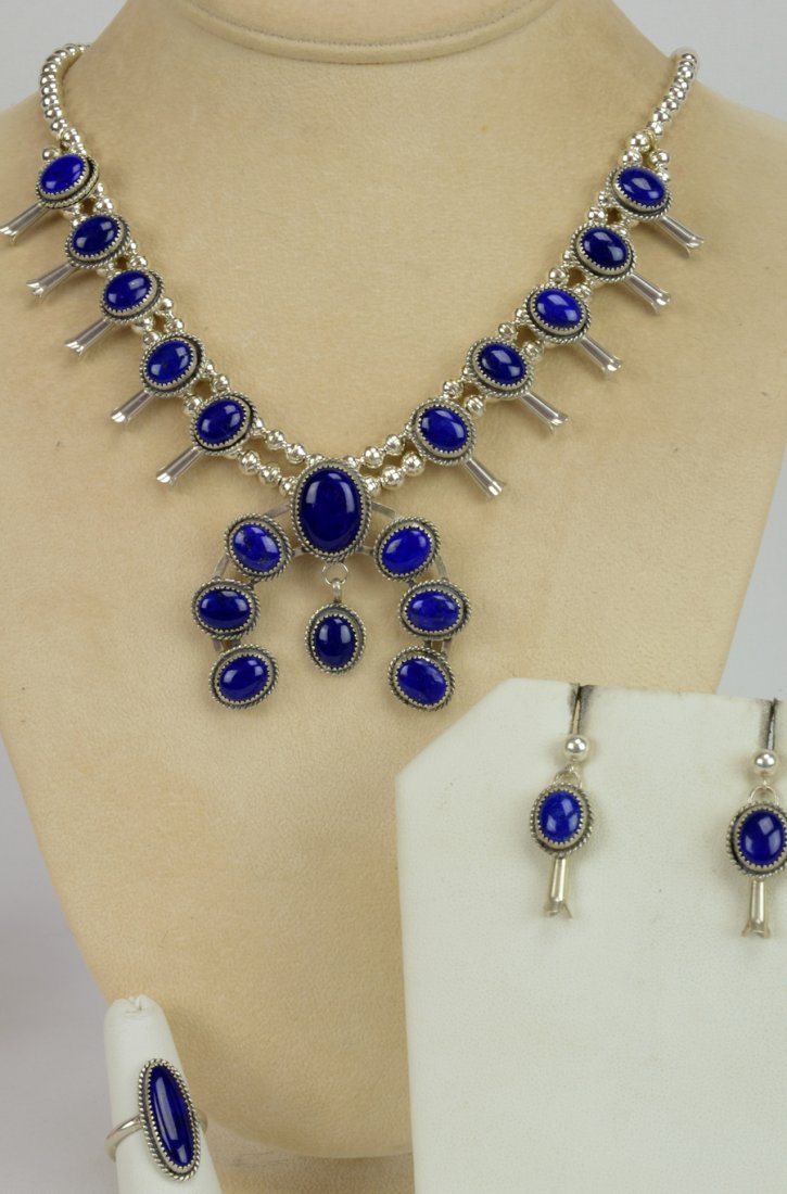 Navajo Sterling Lapis Small Squash Blossom Necklace Set (1 of 4)