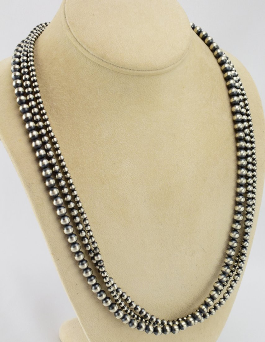 Navajo Sterling 3 Strand Bench Bead Necklace - 24 In. (1 of 4)
