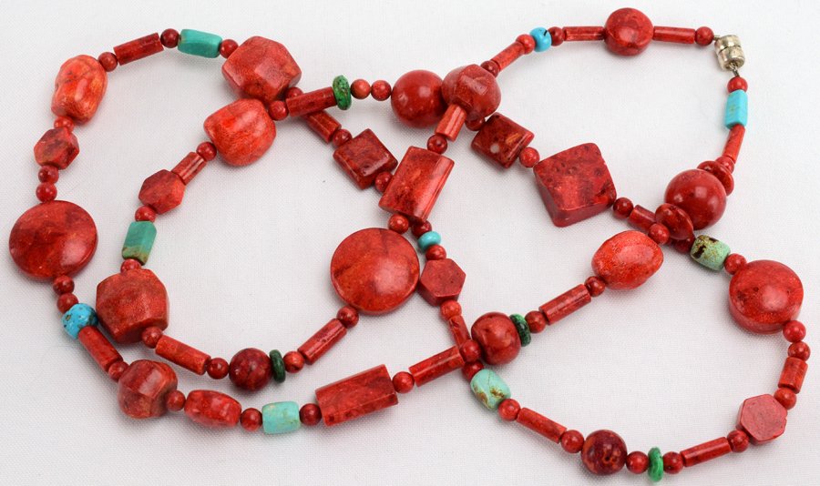Vintage Long Apple Coral and Turquoise Necklace (1 of 3)