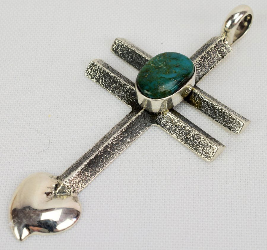 Navajo Sterling Tufa Isleta Cross Pendant w/Turquoise (1 of 5)