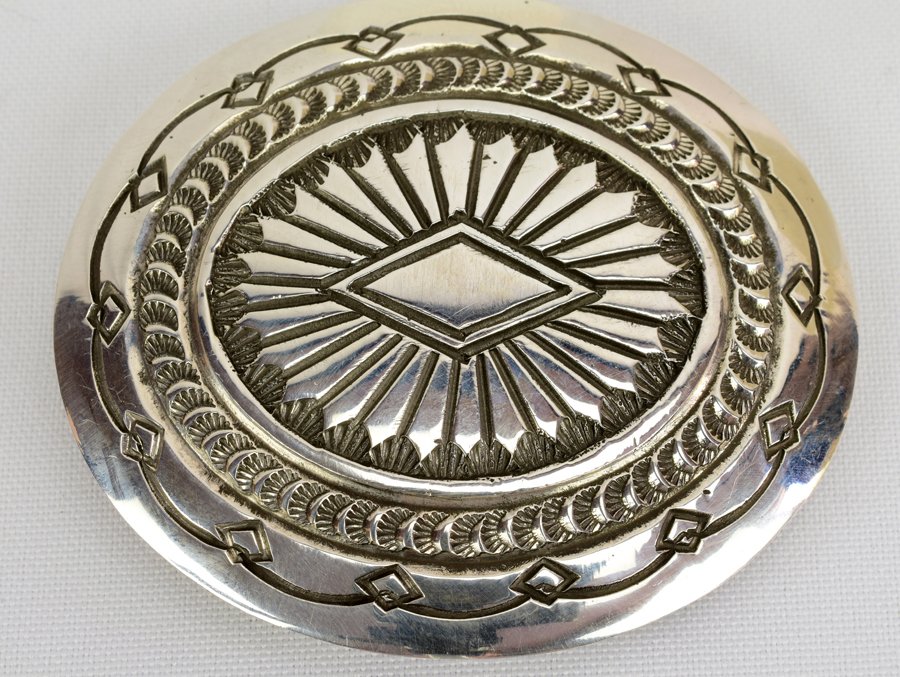 Navajo Sterling Silver Heavy Stamp Men's Belt Buckle: Measures 2.75 inches x 2.25 inches tall. This piece has Heavy Stamp design work with a Diamond Center. Marked Sterling and Hallmarked "DK". Weighs 61 Grams. Native American, Navajo, Southwestern India