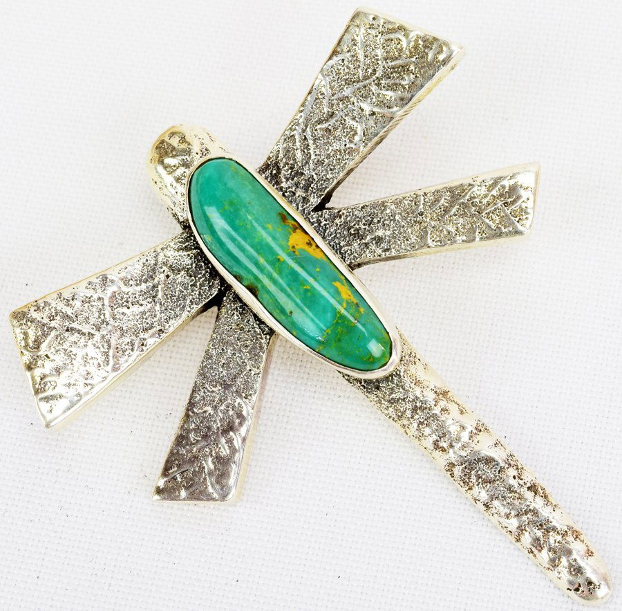Navajo Sterling Tufa Cast Dragonfly Pendant w/Turq. (1 of 4)