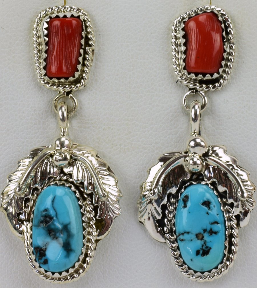 Navajo Sterling Silver Coral & Turquoise Dangle Earring (1 of 4)