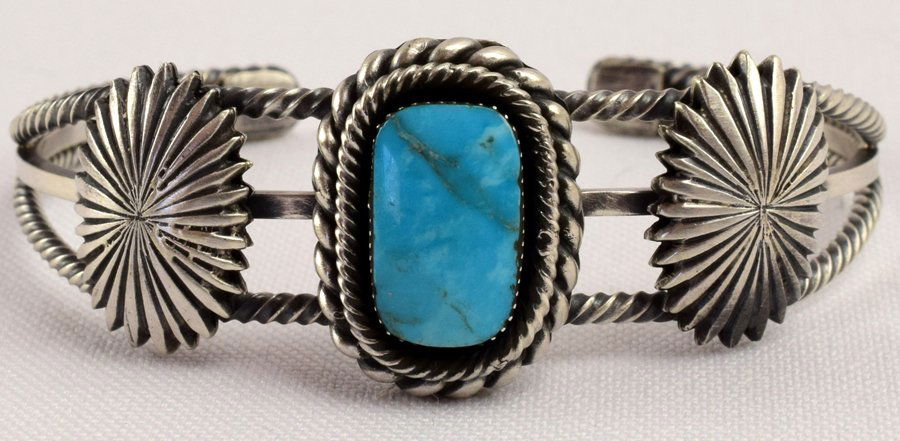 Navajo Daniel Benally Sterling Turquoise Concho Cuff (1 of 4)