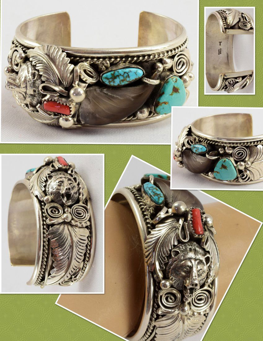 Navajo Sterling Bear Claw and Bear Head Ornate Bracelet (1 of 7)