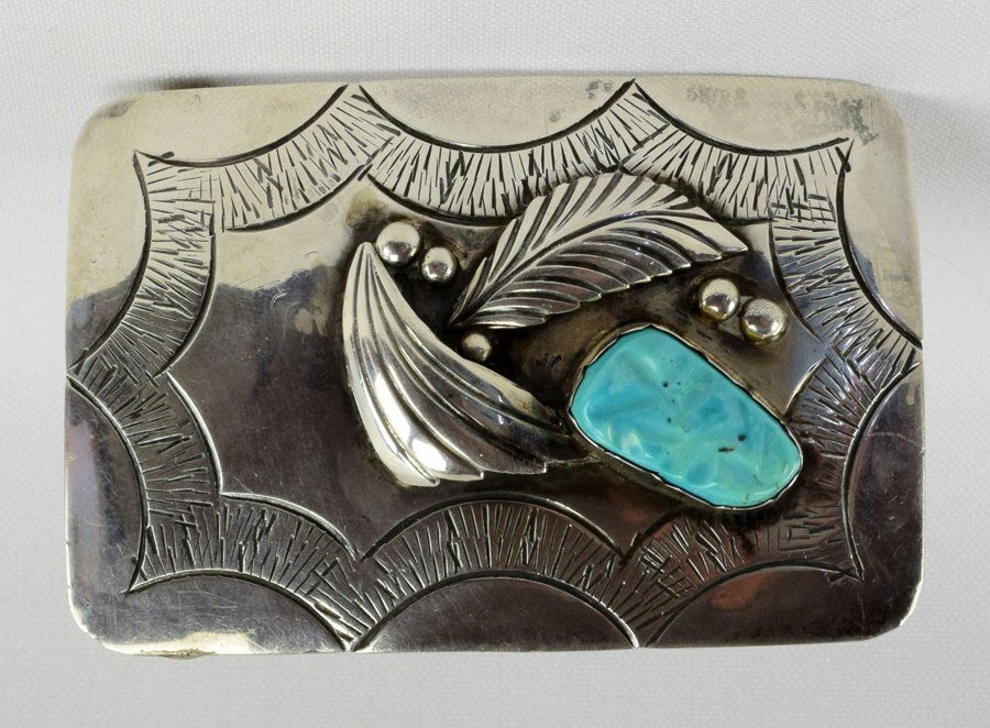Navajo Vintage Sterling Silver Belt Buckle w/Turquoise (1 of 4)