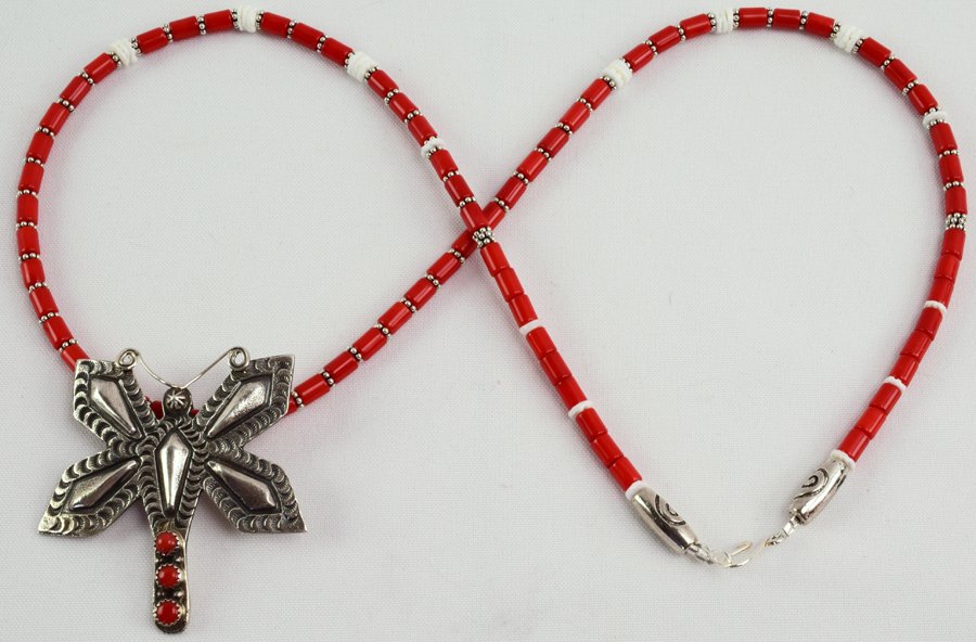 Myron Etsitty Sterling Dragonfly Pendant Coral Necklace (1 of 5)