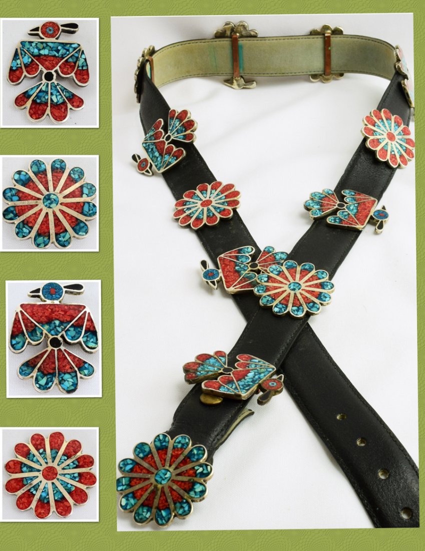 Zuni  Vintage Crushed Turquoise Coral Inlay Concho Belt (1 of 13)