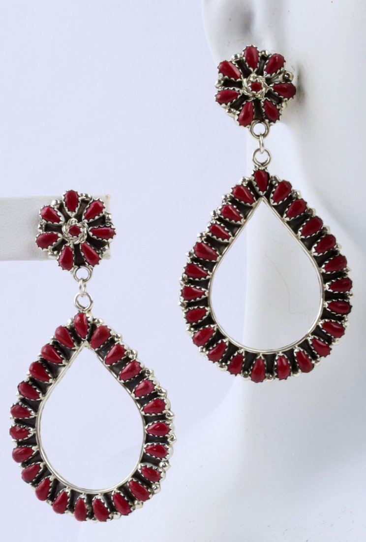 Navajo Sterling Silver Coral Tear Drop Earrings (1 of 4)