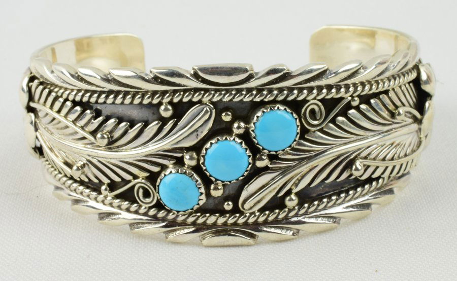 Navajo Sterling Silver Ornate Feather Bracelet w/Turq. (1 of 5)