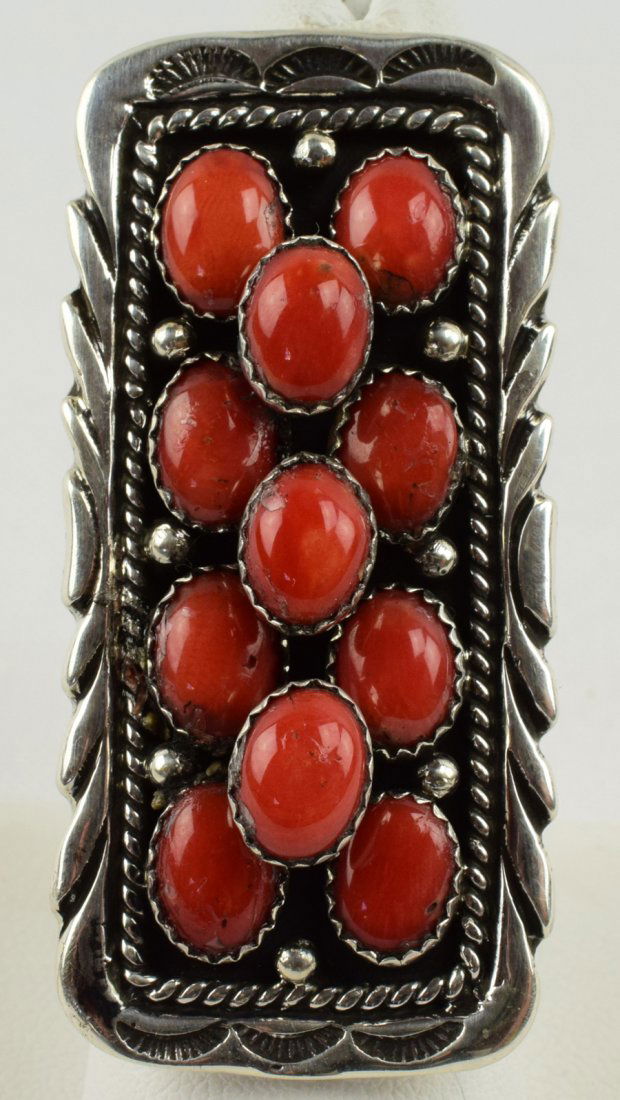 Navajo, Emer Thompson Sterling Silver Coral Ring (1 of 4)