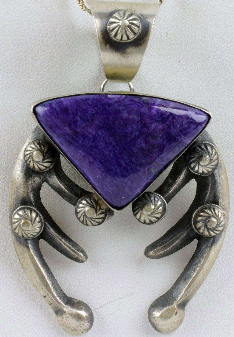 Navajo Sterling Silver Sand Cast Charoite Naja Pendant (1 of 5)