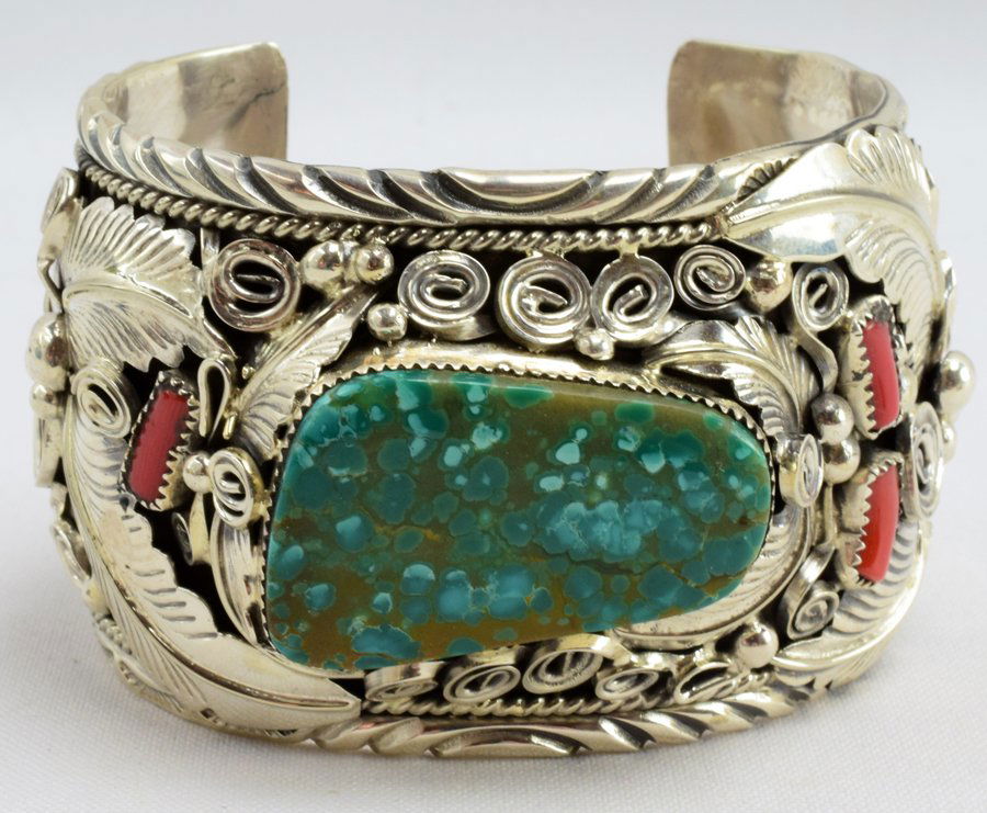 Navajo Masterpiece Sterling Turquoise & Coral Cuff (1 of 6)