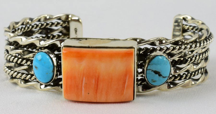 Navajo Sterling Spiny Oyster & Turquoise Cuff Bracelet (1 of 5)