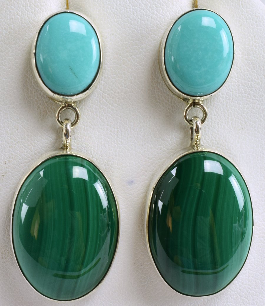 Navajo Sterling Turquoise & Malachite Dangle Earrings (1 of 5)
