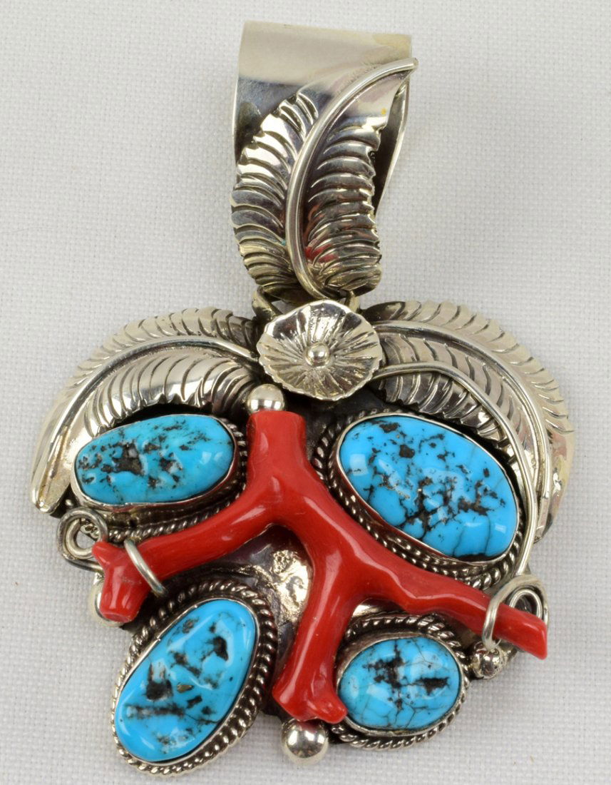 T. Jon, Masterpiece Sterling Turquoise & Coral Pendant (1 of 5)