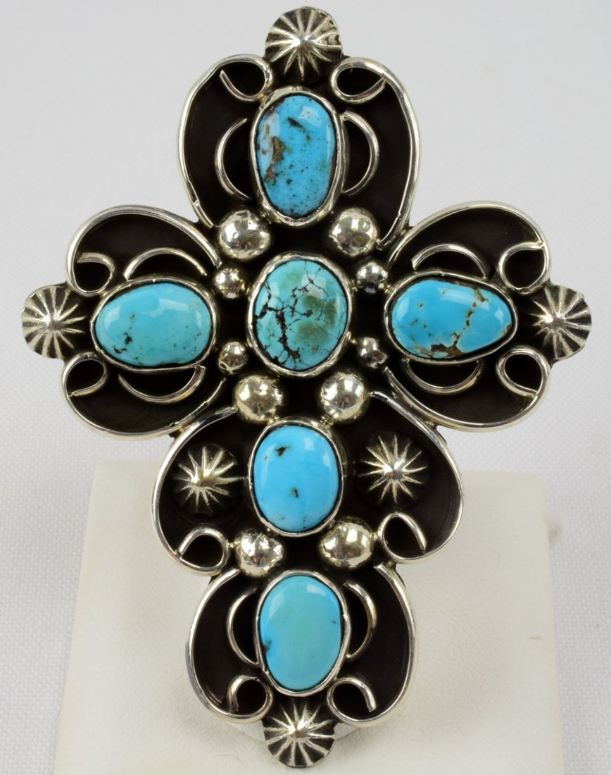 Navajo Sterling Large Ornate Turquoise Cross Ring (1 of 5)