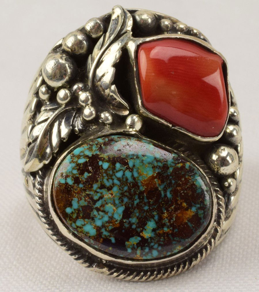 Navajo Large Turquoise & Coral Men's Ring-Robert Shakey (1 of 5)