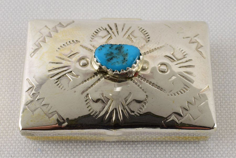 Navajo Sterling Silver Hinged Pill Box w/Turquoise (1 of 5)