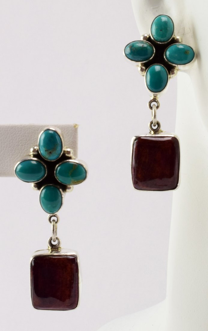 D. Delgarito Sterling Spiny Oyster &Turquoise Earrings: For pierced ears these earrings have a cluster of 4 Natural Turquoise Stones at the top and the drop has a Purple Spiny Oyster Piece. They are mounted in a simple sterling frame. Stamped Sterling and