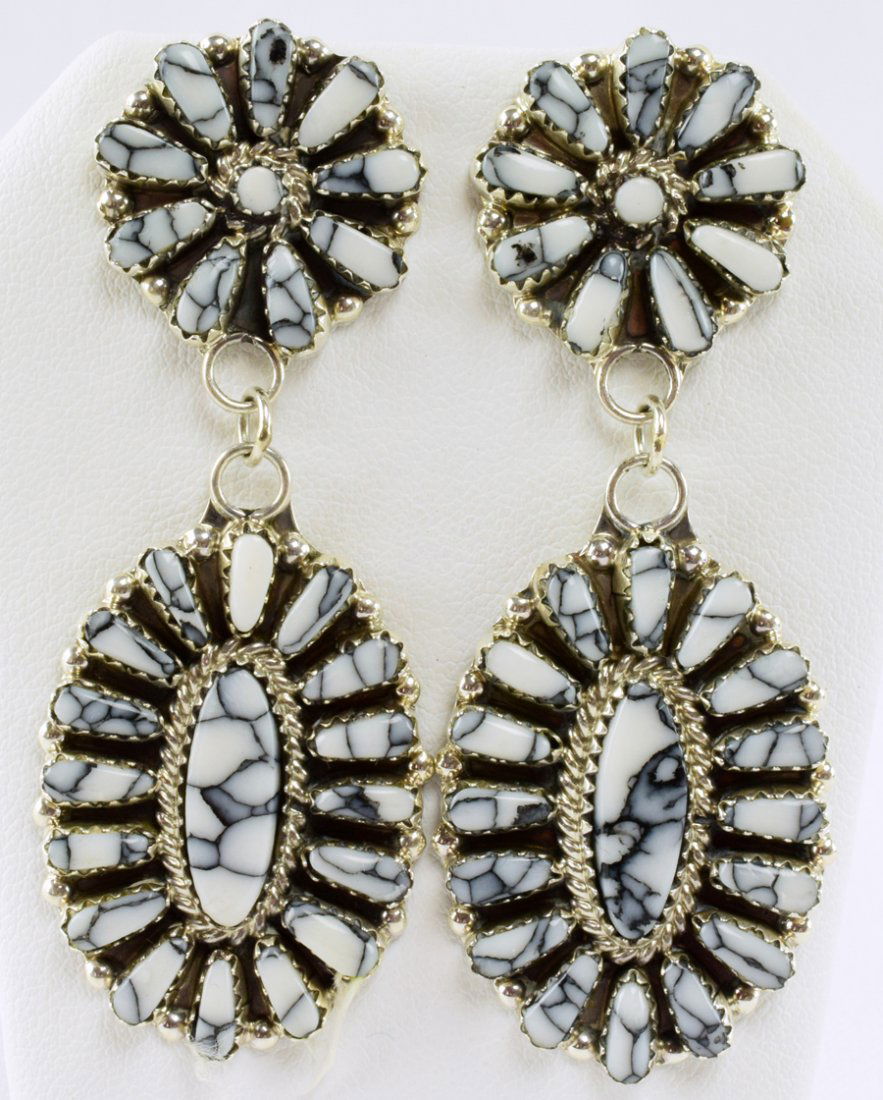 White Buffalo {howlite} Turquoise Cluster Earrings: For pierced ears these measure 2 5/8 inches in length and are done in a cluster style. There are 10 stones in the top section and 17 stones in the dangle portion. Stamped Sterling and Hallmarked "PB"