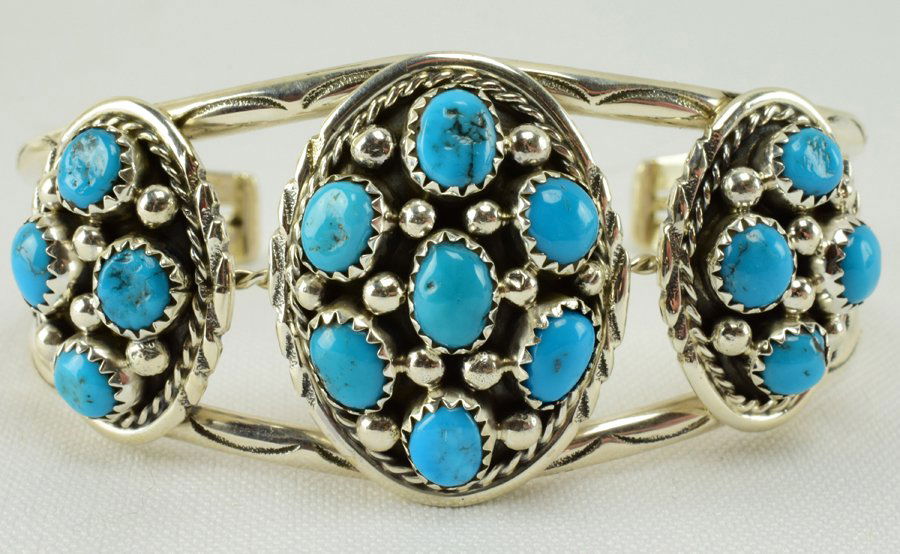 Navajo Sterling 3 Station Cluster Turquoise Bracelet (1 of 4)