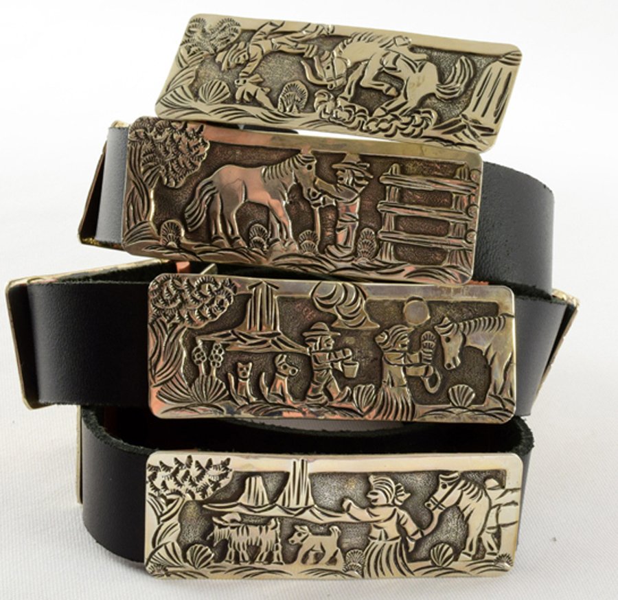 Navajo Horse Storyteller Concho Belt - L. Becenti: A Wonderful example of Storyteller Design. The belt has 9 sterling Storyteller conchos and a sterling Storyteller belt buckle. Each Storyteller concho measures 3 inches long x 1-1/ inches tall The bel