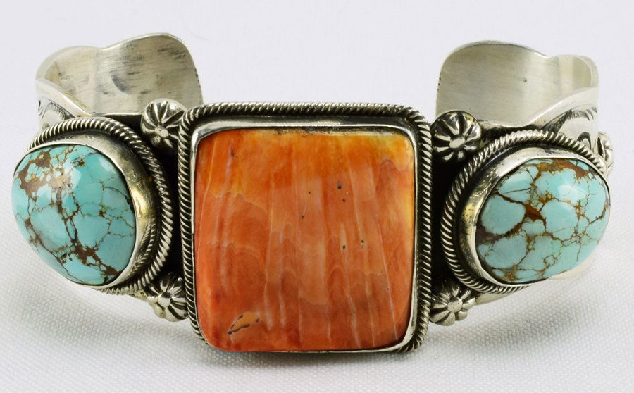 Navajo Sterling Spiny Oyster & Turquoise Bracelet (1 of 4)