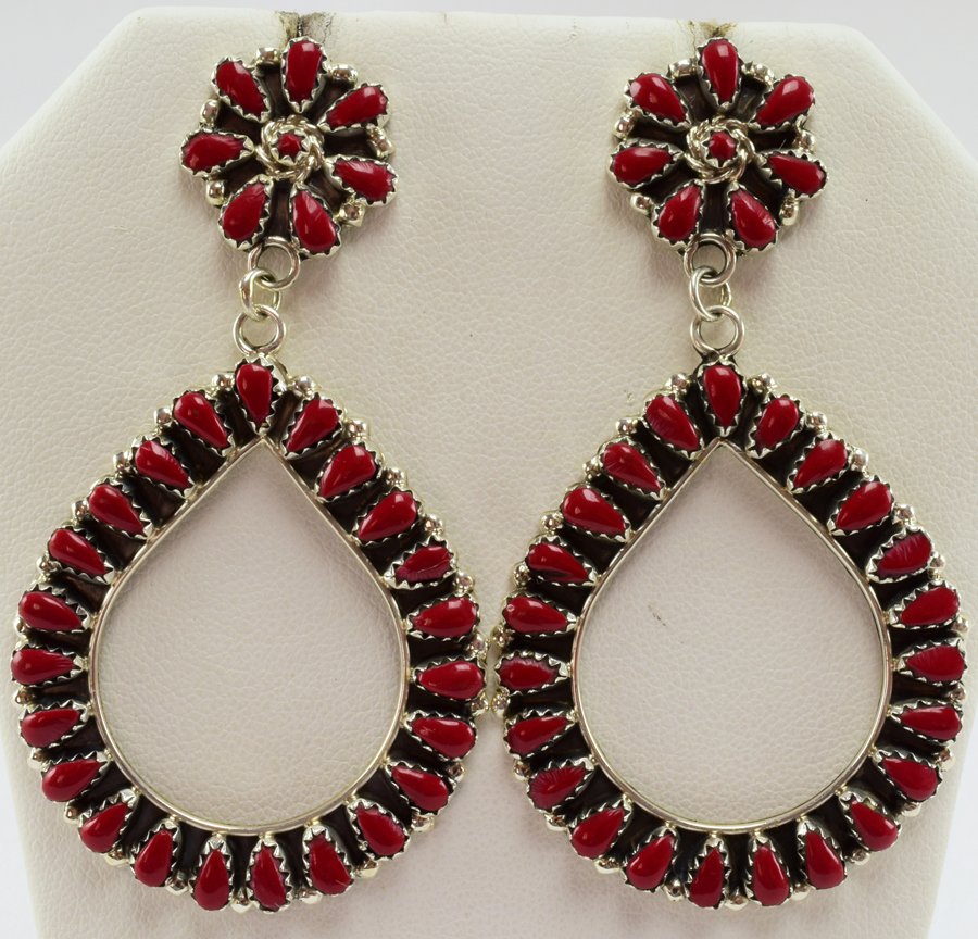 Mathilda Benally Block Coral Teardrop Earrings: For pierced ears these measure 2.75 inches long and are done in a tear drop style. The earrings have petitpoint stones of block coral which are bezel set. Stamped Sterling and Hallmarked "MB". Weigh 1