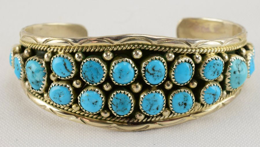 Navajo Sterling Kingman Turquoise Cluster Bracelet (1 of 4)