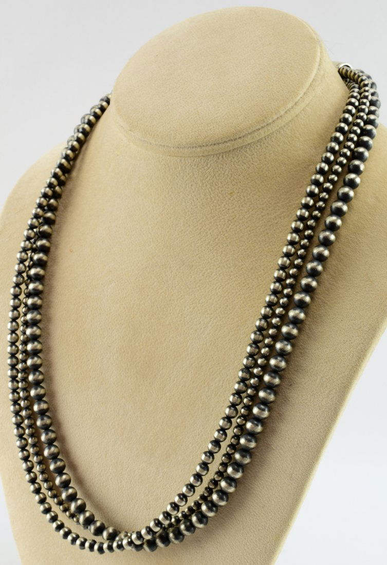 Navajo Sterling 3 Strand Bench Bead Necklace 22 In. (1 of 6)