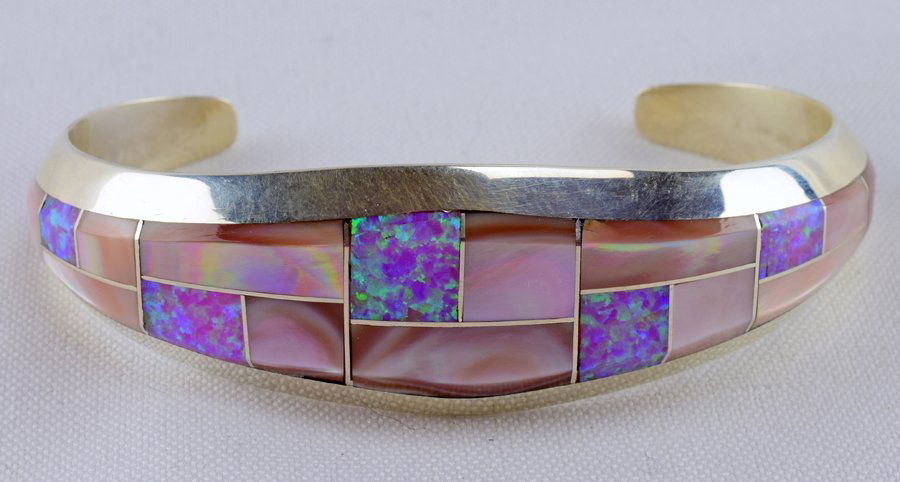 Navajo Sterling Lab Opal and Shell Inlay Bracelet (1 of 5)