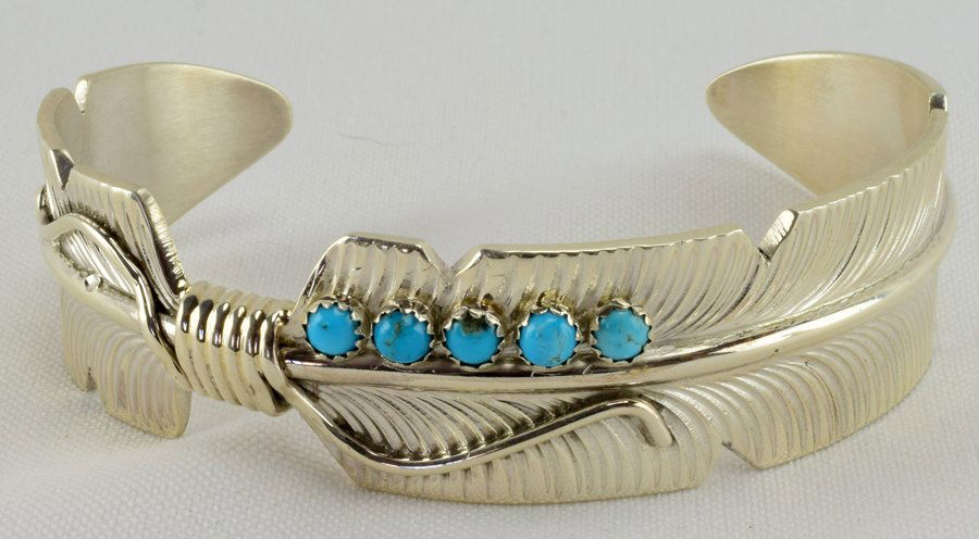 Navajo Chris Charley Sterling Feather Cuff w/Turquoise (1 of 4)