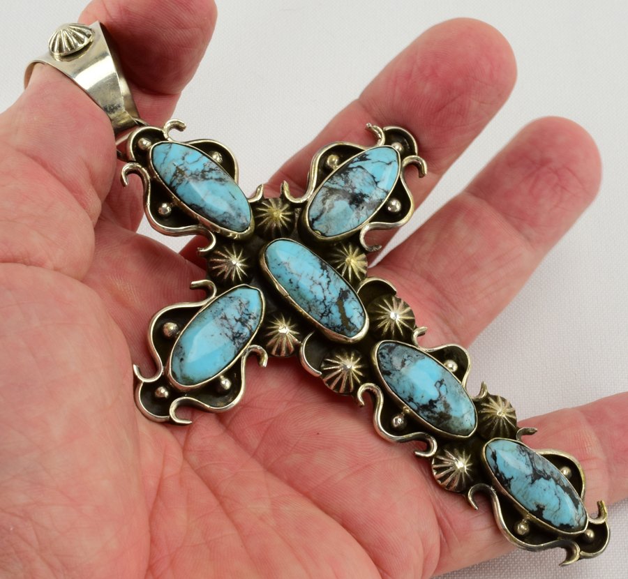 Navajo Sterling Huge Kingman Turquoise Cross Pendant (1 of 5)
