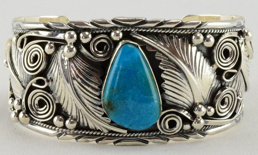 Navajo, Daniel Morgan Sterling Ornate Cuff w/Turquoise (1 of 5)