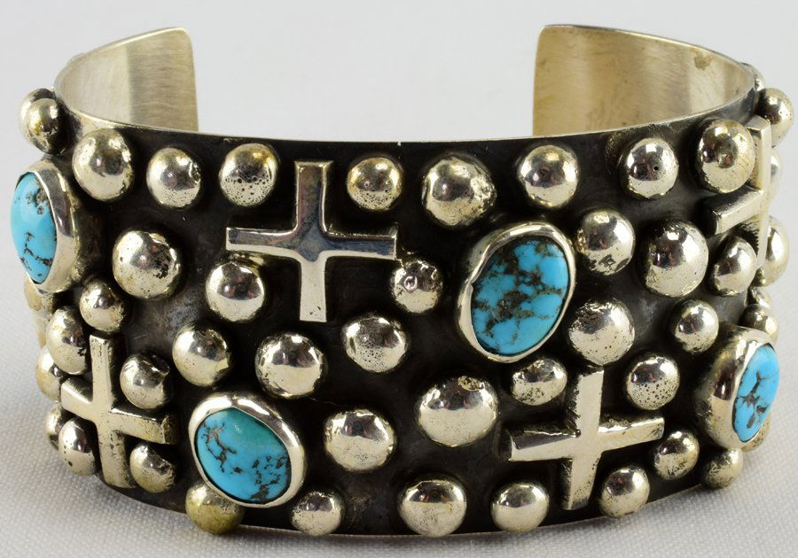 Navajo Sterling Bead, Cross and Turquoise Bracelet (1 of 4)