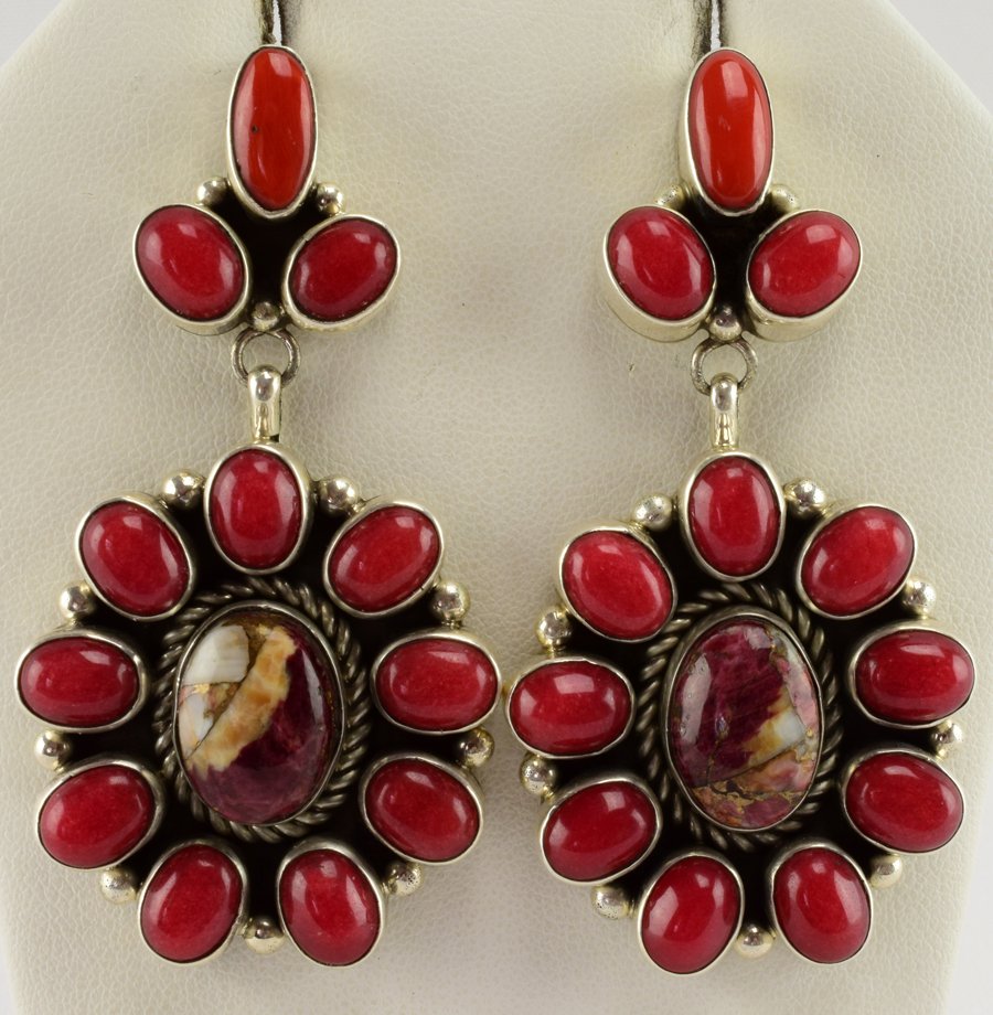 Harley Jake Mediterranean Coral & Wild Horse Earrings: For pierced ears these earrings measure 2.75 inches long x 1.5 inches wide. They have a Wild Horse Turquoise Center stone accented with 12 Mediterranean Coral Cabochon Pieces. This artist is known his
