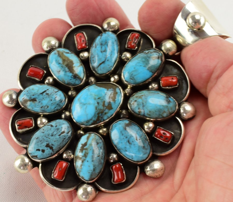 Chimney Butte Huge Blue Gem Turquoise & Coral Pendant (1 of 5)