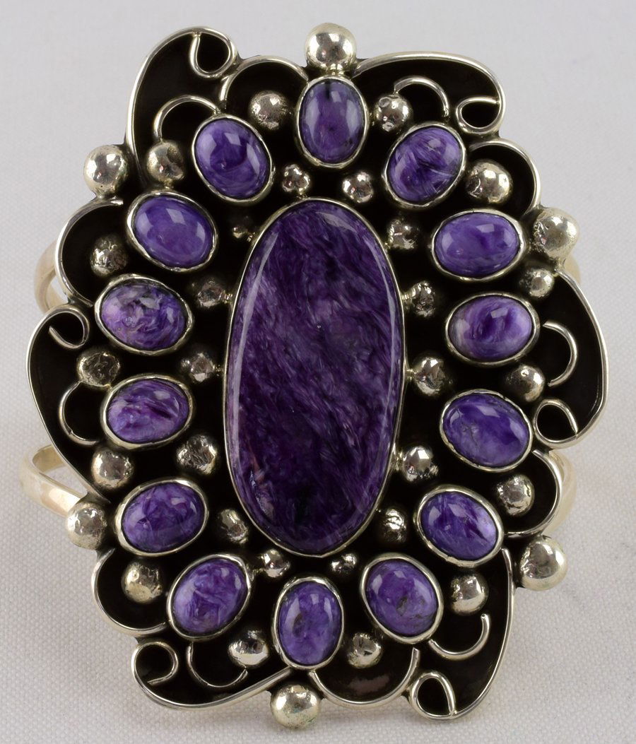 Navajo Sterling Charoite Cluster Cuff Bracelet (1 of 3)