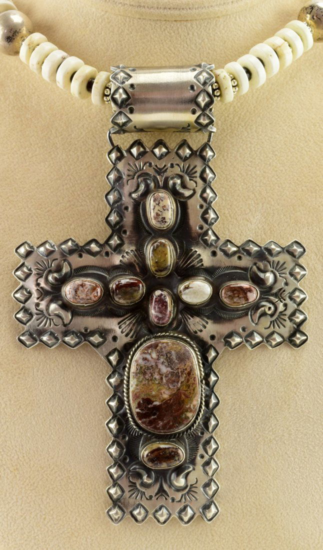 Wild Horse Turquoise 5+ inch  Stamped Cross Pendant (1 of 3)