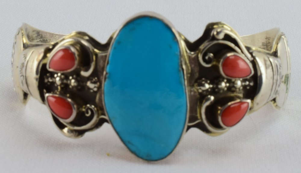 Navajo Sterling Turquoise & Coral Pottery Bracelet (1 of 5)