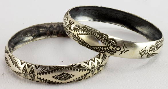 vincent Platero Sterling Hand Stamped Bangle Bracelets: This auction is for two pieces of Beautiful hand stamped Bangle Bracelets by the Navajo Artist Vincent Platero. They compliment each other perfectly and both have Diamond design and Sun Ray Pattern st