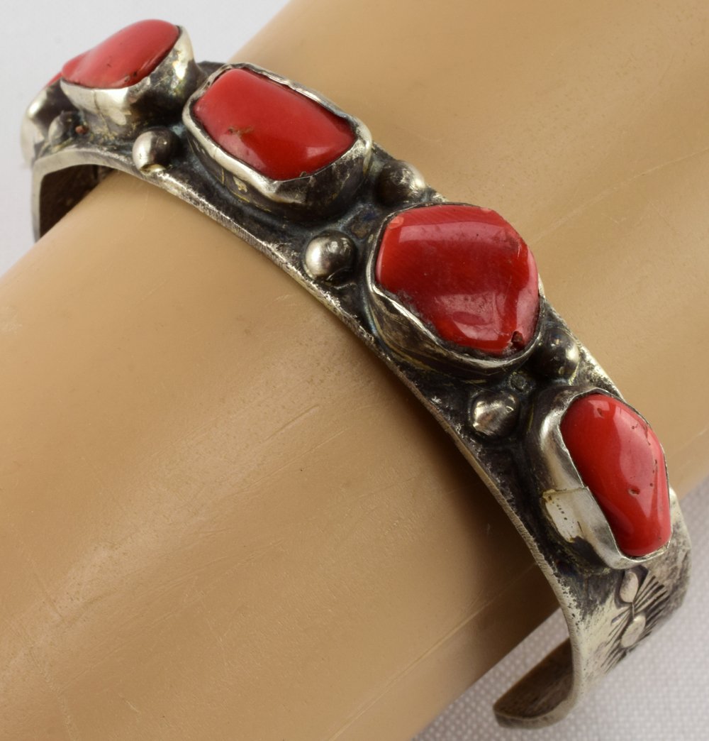 Vintage Sterling Silver Coral Tufa Cast Bracelet (1 of 5)