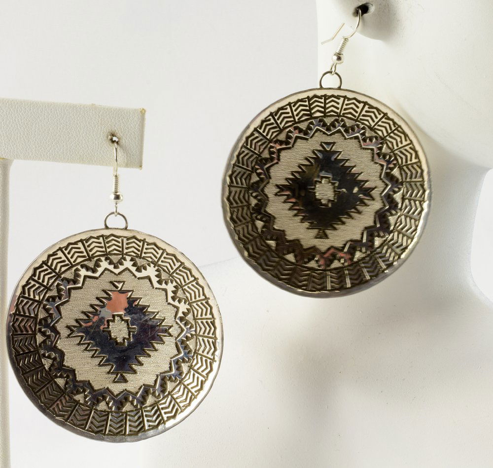 Navajo Sterling Silver Large Stamped Basket Earrigs (1 of 3)