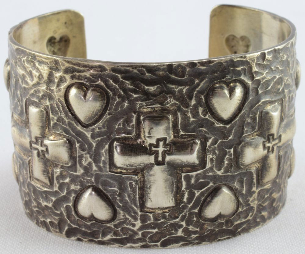 Ronnie Willie Sterling Repousse Cross & Heart Cuff (1 of 5)