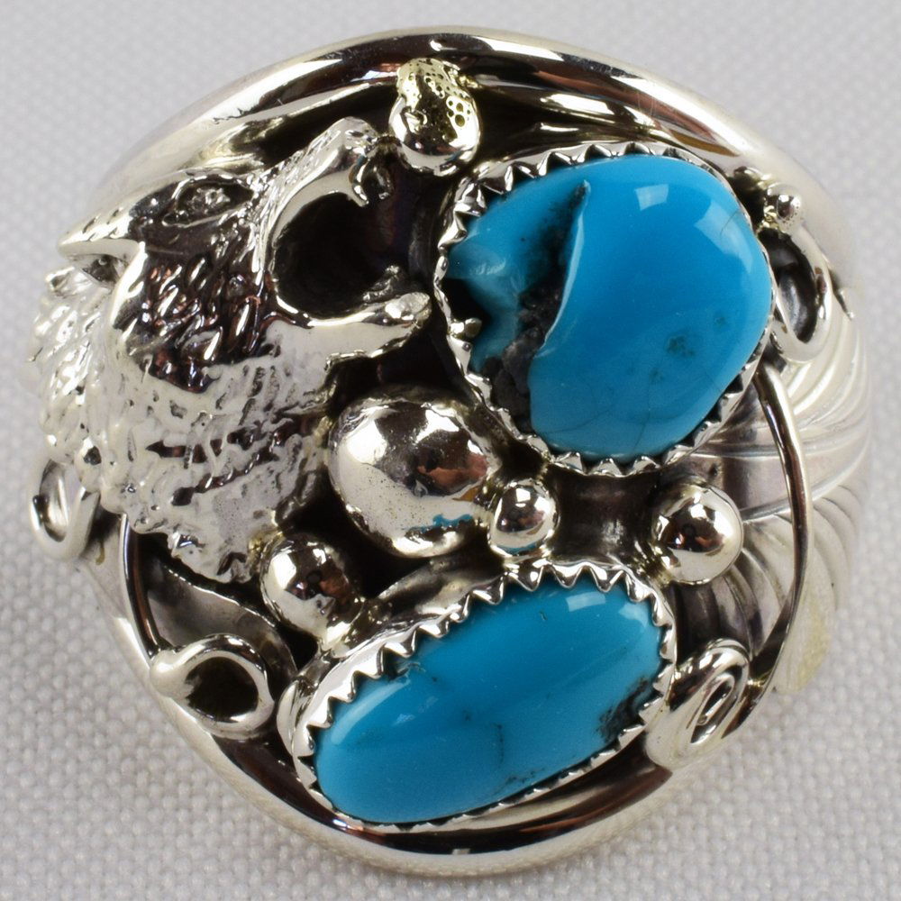 Native American Sterling Wolf Head Ring w/Turquoise (1 of 6)