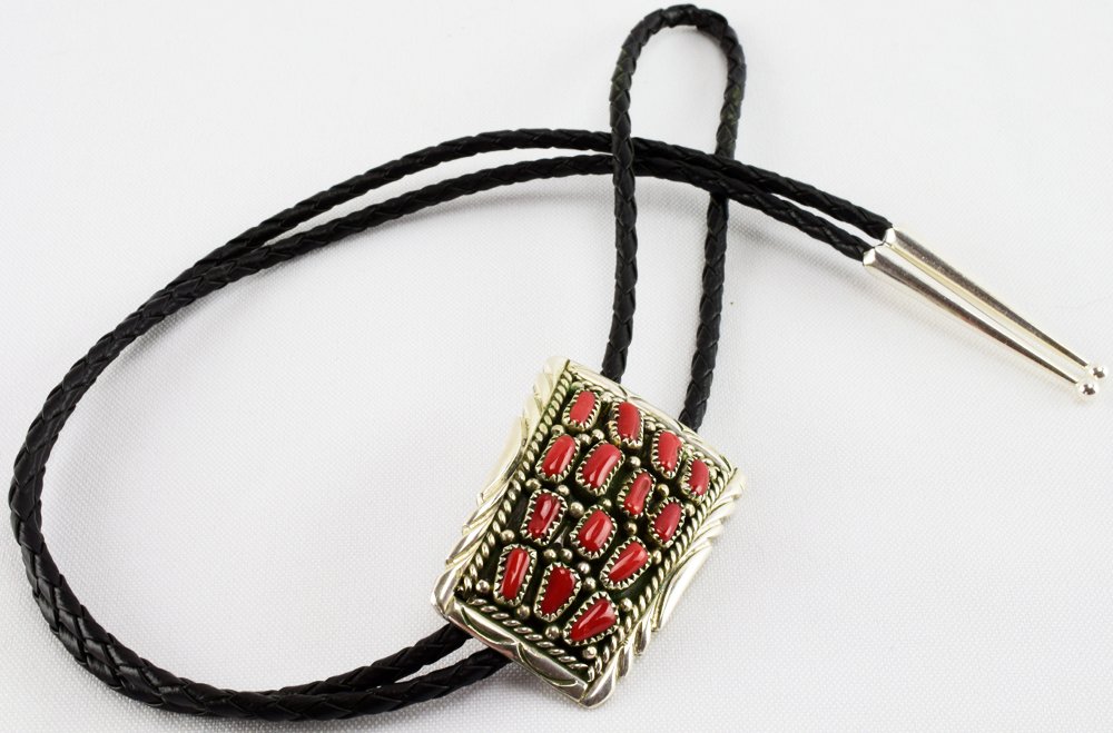 Native American Sterling Coral Bolo Tie (1 of 4)