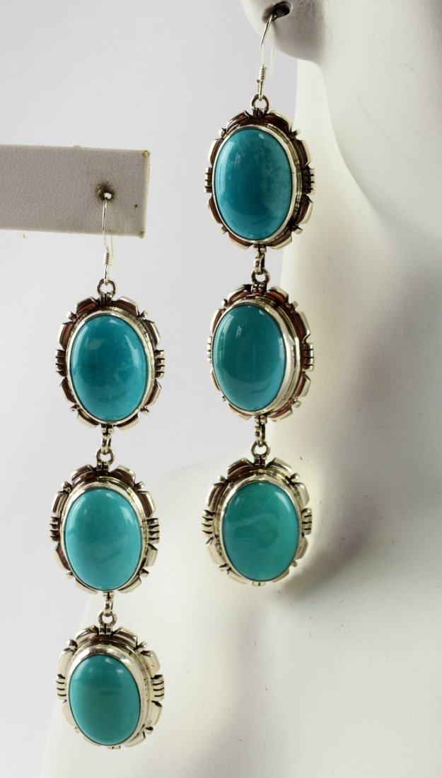 Navajo Sterling  Blue Gem Turquoise Long Earrings (1 of 5)