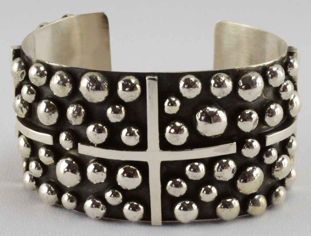Navajo, Sterling Wide Beaded Cross Cuff Bracelet (1 of 5)